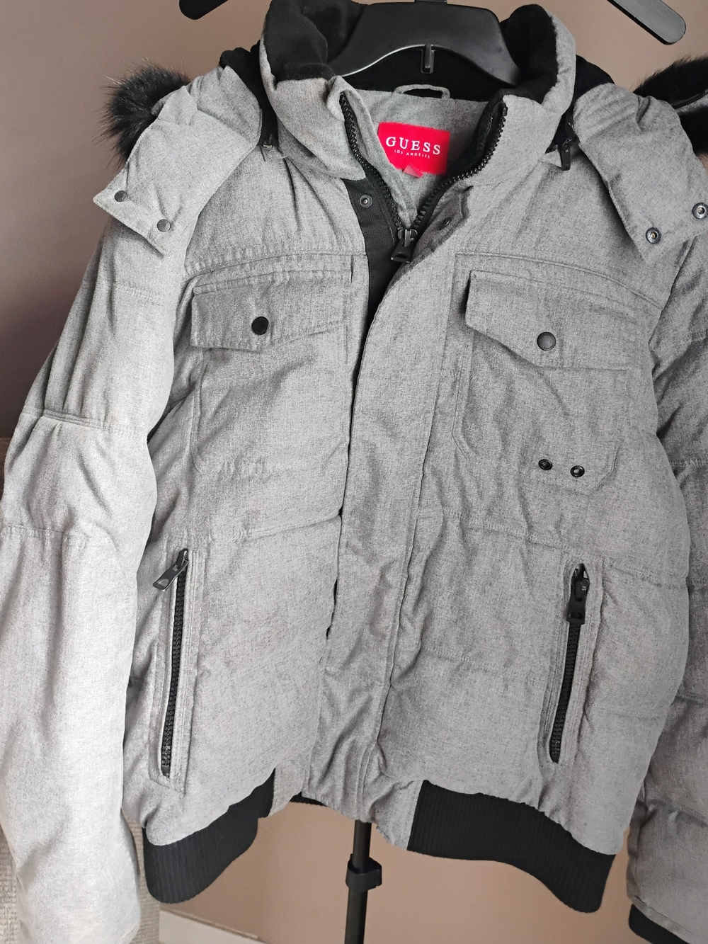 GUESS Men’s XL Light Gray Quilted Hooded Puffer with Detachable Faux Fur Trim